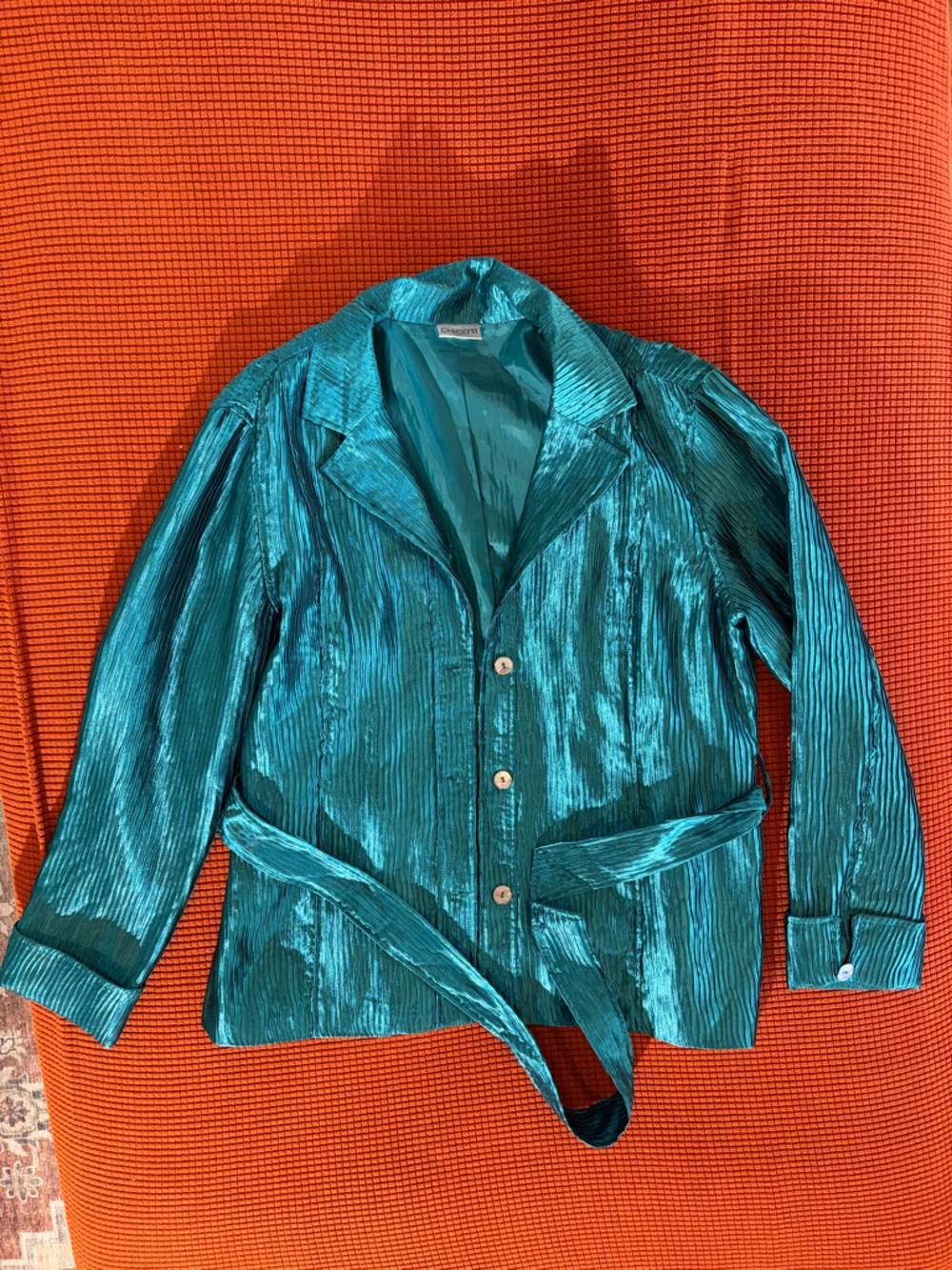 Chico's Teal Shimmer Pleated Fitted Jacket Women’s size 12 / L
